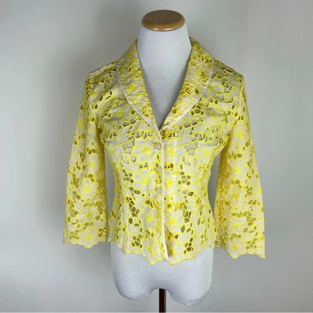 Lilly Pulitzer Vintage Floral Lace Yellow Blazer Jacket Size 2